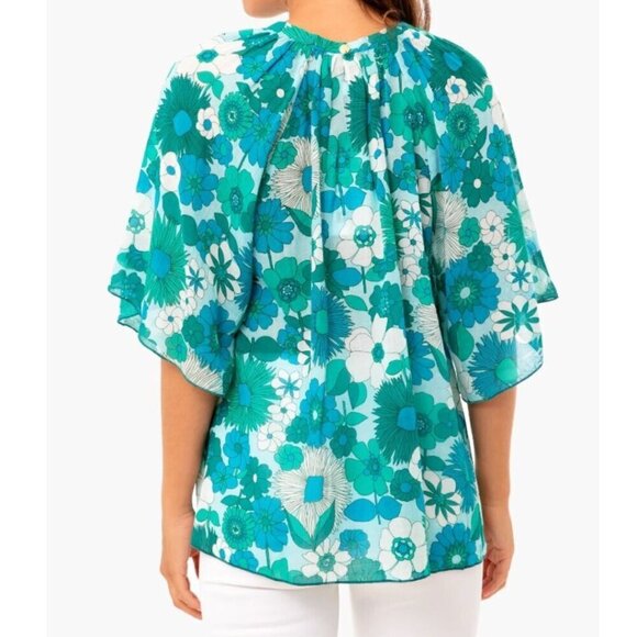 Antik Batik Cotton Voile Floral Blouse Womens Medium Blue Flutter Sleeve Tunic - Picture 6 of 11